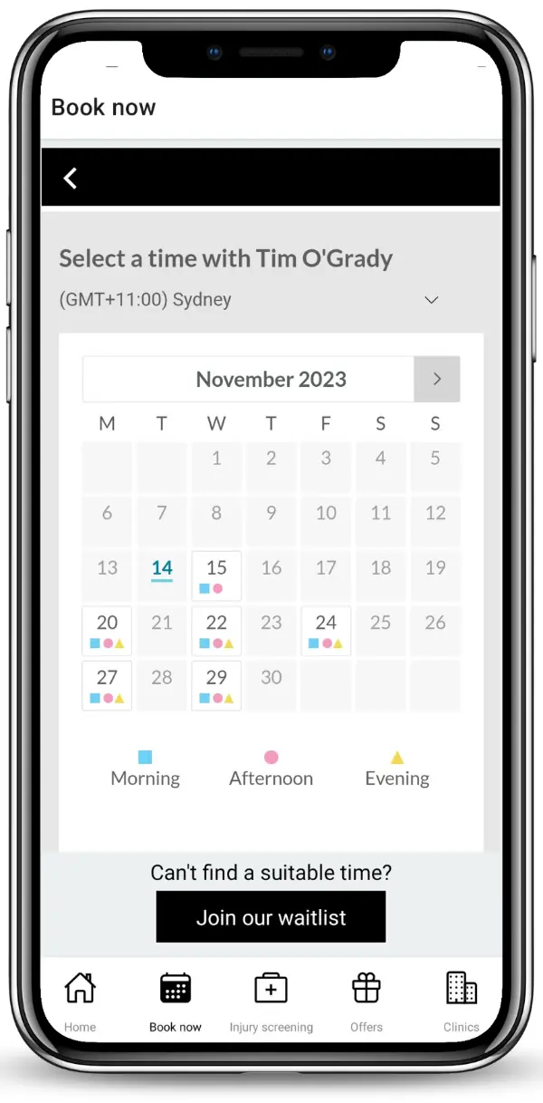 physio clinic app booking tab